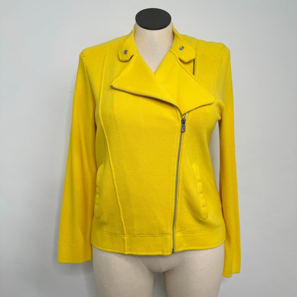 Lauren Ralph Lauren Moto Cardigan Yellow Sweater Preppy Office Casual Size XL